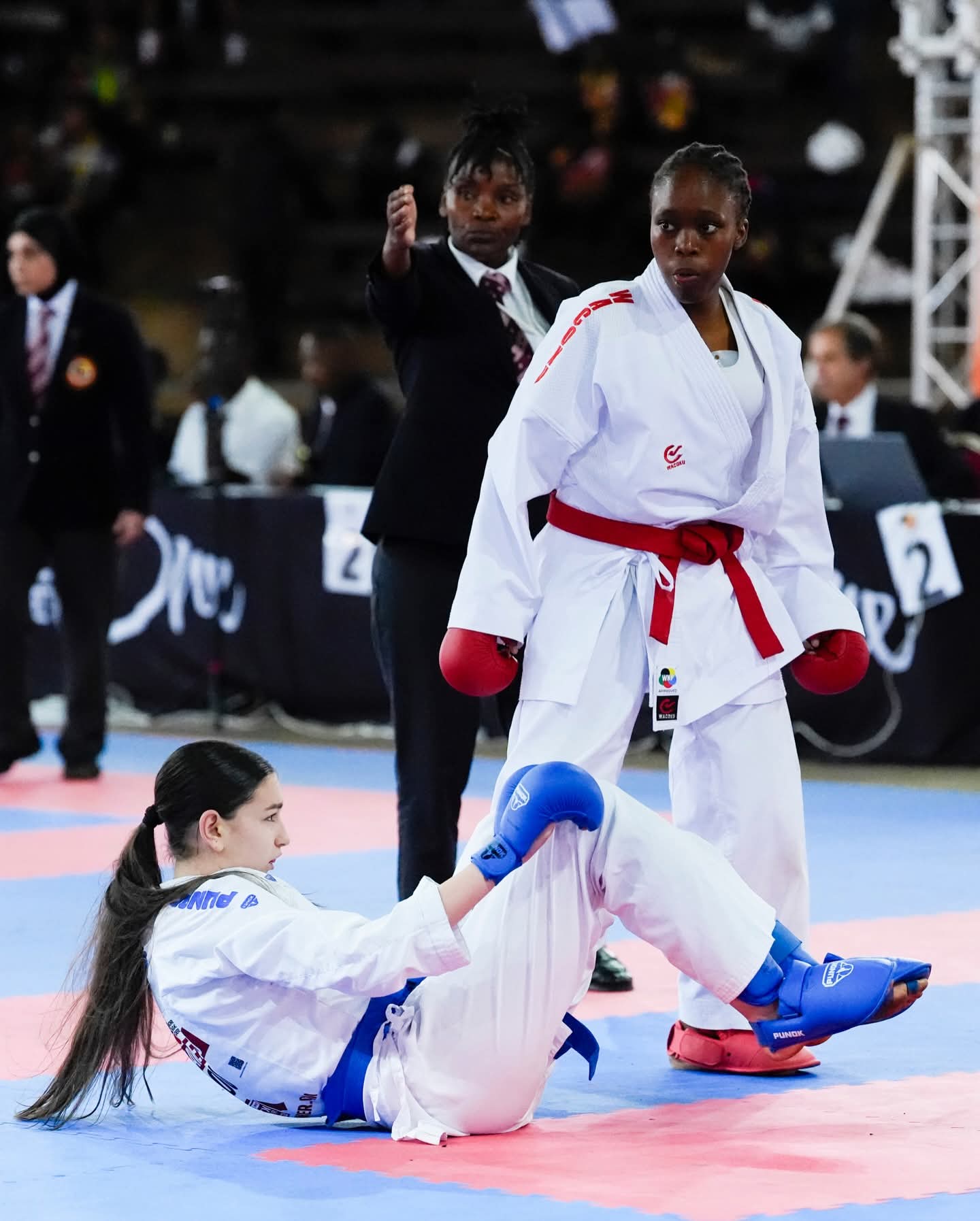 Kenya’s Lucy Karobia, WKF-certified Kumite and Kata judge, officiating at the recently concluded Karate 1 Youth League in Harare, Zimbabwe.